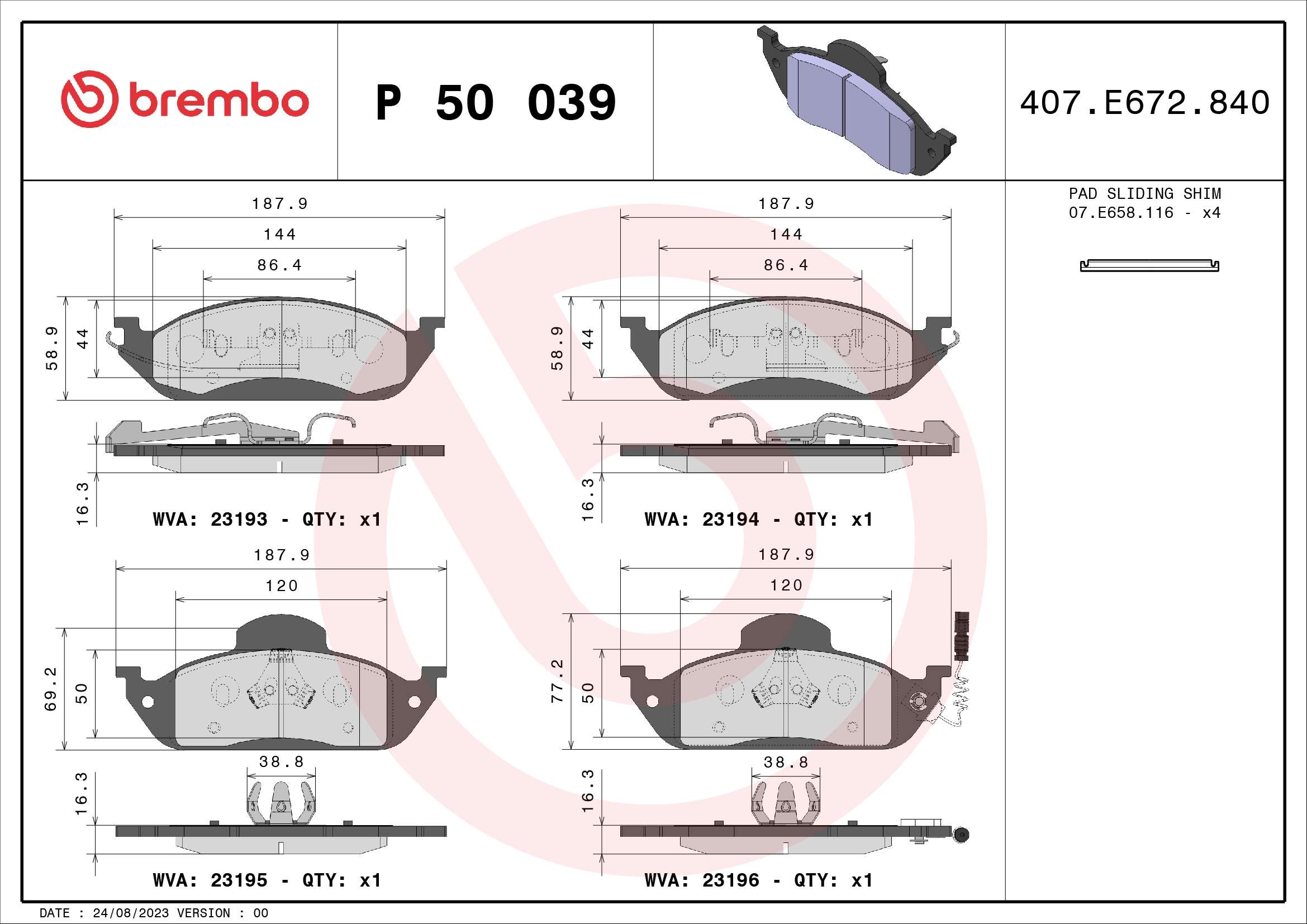 A.B.S. P 50 039 BREMBO Bremsbelagsatz, Scheibenbremse